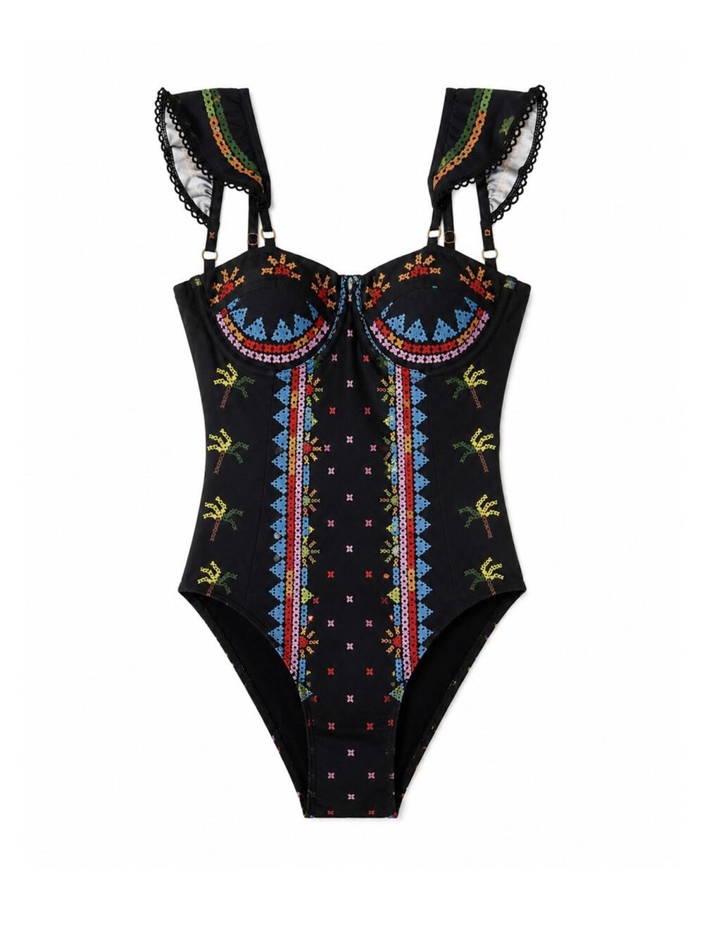 Farm Rio x Anthropologie Geo Printed One-Piece Swimsuit Ruffle